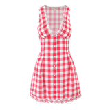 Foridol Plaid Printed Red Women's Dresses White Cotton V Neck Short Party Summer Dress New in Vintage Beach Mini Dress
