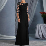 Women Elegant Lace Long Dress Sexy See Through Round Neck Mid Sleeve Dress Solid Color Evening Party Prom Dress Cocktail Gown
