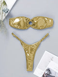 DEKA Sexy Shiny Gold Bandeau Bikini Set Women Ring Linked Hollow Out Push Up Bra Micro Swimsuit Bathing Suit Thong Swimwear