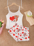 Cute Love Bear Printed Pajamas Set for Women's Sleepwear Loungewear Crop Tops and Shorts Home Wear Clothes