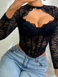 Solid Color Slim Low-Cut Tube Top Lace Mesh Patchwork Lace Sexy Hollow Out Fishbone Top Long Sleeve Vest Transparent Charm NJWG