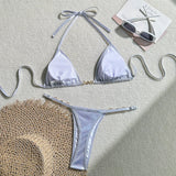 PU Faux Leather Halter Mini Thong Bikini Women Swimwear Female Swimsuit  Two-Pieces Bikini Set Bather Bathing Suit Swim V5206W