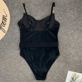 Ribbed Push up Underwired Metal Chain Women Swimwear One Piece Swimsuit Female Waist Belt Monokini Bather Bathing Suit Swim Lady