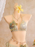 Women embroidery flower glitter metallic bikinis sets 3pcs with split mini skirt swimsuit bathing suit beach outfits biquini