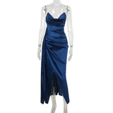 Elegant Strapless Solid Evening Gown Chic Satin Corset Dress for Women V-neck Split Blue Long Dress Lady Summer Party Dress up