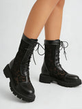 2026 New Big Size 45 Chic Black Lace Mesh Summer Boots Women Round Toe Square Heels Shoelace Zip-up Mid-calf Boots Shoes