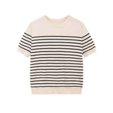 Fashion Striped Knit Sweater Black Striped Knit T Shirt Casual Short Sleeve Crew Neck Slim Fit Top For Women Summer Daily 0HAD