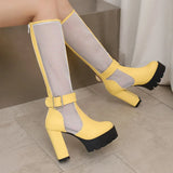 Plus Size Mesh Fabric Splicing PU High Socks Boots Ankle Buckle Ultra Thick Heel Back Zipper Breathable Summer Knee High Boots