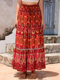 Women's Loose Long Skirt Bohemian Print Elastic Waist Ruffle Flowy Pleated Skirts Summer Beach Party Streetwear