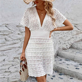 S - XL Short Sleeve V Neck Crochet Knitted Tunic Beach Cover Up Cover-ups Beach Dress Beach Wear Beachwear Female Women V5314