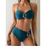 S - XL Metal Ring Halter Female Swimsuit High Waist Bikini Women Swimwear Two-Pieces Bikini Set Bather Bathing Suit Swim V6933