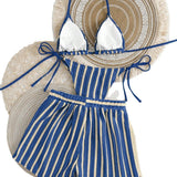 2026 Summer Women 3 Pieces Swimsuit Striped Print Halter Lace-up Backless Swimwear Sexy Micro Bikini Set Shorts Suits Beachwear