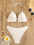 Push Up Ribbed Halter Bra Cup Bikini Female Swimsuit Women Swimwear Three-pieces Bikini Set Diamond Link Bathing Suit Swim Lady