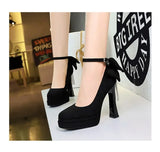 BIGTREE Women's Pointed Toe High Heels Back Bowknot Elegant Flock Ankle Strap Pumps for Women Black Dress Shoe Wedding Party