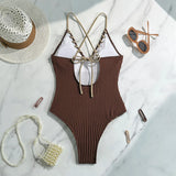V Neck Wrinkled Ribbed Cross Backless One Piece Swimsuit Women Swimwear Female High Leg Cut Monokini Bather Bathing Suit Swim