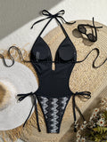 Sexy Black Stripe One Piece Swimsuit 2026 Women V Neck Hollow Out Backless Tie Side Thong Bikini Holiday Bathing Suit Swimwear