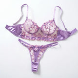 Sheer Floral Embroidery Lingerie Set Satin Trim Push Up Bra+Thong For Women Romantic Date Night/Anniversary Underwear ZA825246