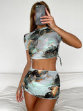 4 Pieces Halter Bikini Swimsuit With Marble Print Cover Up 2026 Swimwear Female Beachwear Bathing Swimming Suit Women Summer