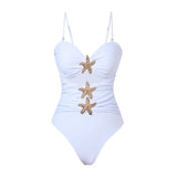 Vintage White Khaki Patchwork Swimwear Women 2026 Starfish Ornament Hollow Pleate One Piece Swimsuit Beach Bathing Suit Monokini