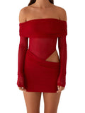 Women Mini Off Shoulder Slim Ruched Solid Color Party Club Dresses Cut Out Long Sleeve Backless Short Mesh Bodycon Dress