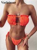Sexy Pink Bandeau Frilled Bikini Swimsuit Female Swimwear Women Two-Pieces Bikini Set Bather Padded Bathing Suit Swim V1242B