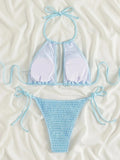 2025 Halter Tie Side Hollow Out Smocked Bikini Women Swimsuit Female Swimwear Two Pieces Bikini Set Swim Bathing Suit Beach Wear