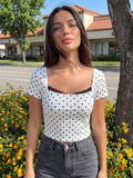 2026 Summer Women Lace Trim T-shirt Square Neck Short Sleeve Slim Fit Cropped Tops Trendy Daily Casual Retro Shirts