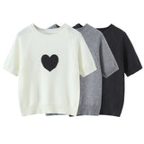 Fashion Casual Heart-patterned Short-sleeve Knit Shirt Women Heart Pattern Short Sleeve Knit Sweater Casual Crew Neck Top 7S5S