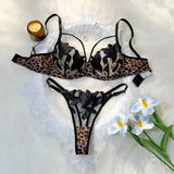 A Set of Black Sexy Lingerie, Featuring Leopard Print and Floral Patterns, Has Highly Alluring Transparent Visual Effect ZA82518