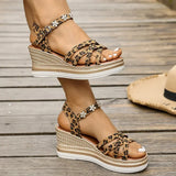 2025 Wedge Heel Leopard Print Sandals Women Fashion Crystal Flowers Thick Bottom Sandalias Mujer Cross Band Platform Sandles 43