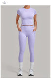 Women Tracksuit Yoga Sets Short Sleeve Slim Sports T Shirts Workout Clothes Outdoor Tight High Waist Pocket Pants Fitness Suits