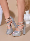 Sexy Women High Heels Sandals 2026 Summer Platform Sequin Cloth Cross Belt Buckle Wedding Open-toe Shoes Pumps Party Dress