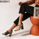 NASBAVI Brand New Ladies Peep Toe Summer Sandals Fashion Mixed Colors Chunky High Heels Women Sandals Party Woman Shoes 35-45