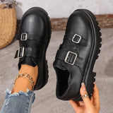 Fashion Double Buckle Platform Loafers Women British Style Thick Bottom Pu Leather Shoes Woman Comfort Round Toe Student Shoes