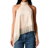 Women's Summer Solid Color Satin Halter Mock Neck Tops Sleeveless Tassel Hem Loose Fit Tank Tops