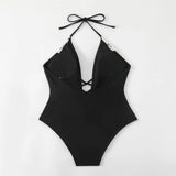 Sexy Push Up Tummy Control Swimwear Women Black Plunge Neck Padded One Piece Swimsuit Lace Beach Bathing Suit Bodysuit Monokini