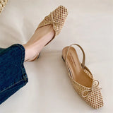 Woven Bow Back Strap Design Sandals Women's Summer New Square Head Shallow Mouth Single Shoe Comfortable Elegant Cool Pumps