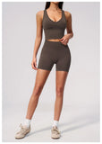 Seamless Yoga Sets Women Breathable V Neck Shockproof Sports Vest Fitness Suit Outwear High Waist Shorts Training Fitness Suit