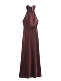 Elegant Solid Color Satin Halter Lace Up Long Dress Sexy Off Shoulder Backless Sleeveless Bodycon Dresses New Lady Party Robe