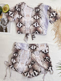 2026 Two Piece Swimsuit Swimwear Women Short Sleeve High Waist Bowknot Bathing Suit Beachwear Snakeskin Print Banadores Mujer