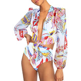 Long Sleeve Swimwear 2024 Surfing Bathing Suit Women Backless Print One Piece Swimsuit Retro Rashguard Monikini Bodysuit