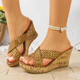 Gold Woven Wedge Heeled Sandals Women 2026 Summer Cross Band Platform Slippers Woman Plus Size 43 Peep Toe Thick Sole Sandals