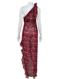 Ahagaga Floral Printed Sexy Women Chiffon Dresses Fashion One Shoulder Sleeveless Regular Casual High Split Slim Sheath Vestidos