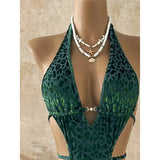 XS - L Deep V Neck Leopard Halter Women Swimwear Cut Out Wrap Around Bather Bathing Suit Swim One Piece Swimsuit Female K8077