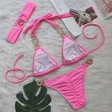 Halter Rhinestones Diamond Bikini Women Swimsuit Female Swimwear Three pieces Bikini Set Brazilian Hairband Bathing Suit Swim