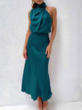 Foridol One Shoulder Turtleneck Tank Satin Women Party Dress Robe Zip Sleeveless Elegant Vintage Folds Women Clothing 2025
