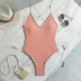 5 Colors V Neck Ribbed Cross Back One Piece Swimsuit Women Swimwear Female High Leg Cut Monokini  Bather Bathing Suit Swim V6278
