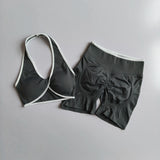 2pcs Women's Seamless Push-up Sports Vest Bra Set with High Elastic Hip Lifting Shorts for Running Aerobics Yoga