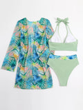 Halter Print Bikini 2026 Women Swimsuit With Kimono High Waist Swimwear Female Bathers Bathing Swimming Swim Suit Beachwear