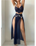 Women Sexy Lingerie Dress for Bow Knot Patchwork Mesh See-through Bra and Skirt Panties Set Underwear Erotic Lingerie